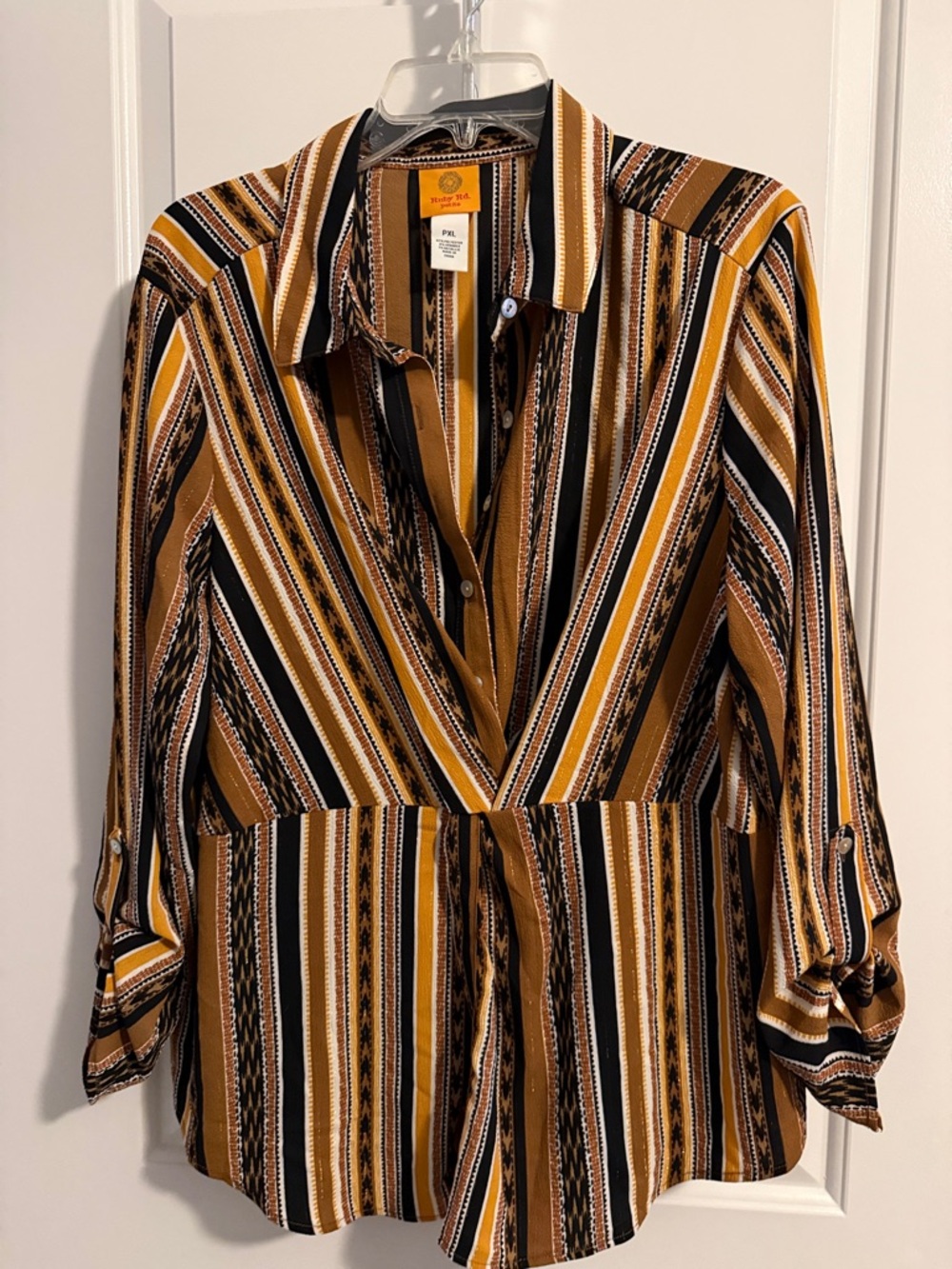 Ruby Rd Mustard Rust Black Printed Blouse XLP Lightweight Top Boho